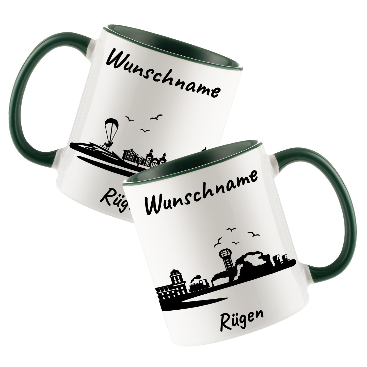 Tasse in Dunkelgrün 330ml bedruckt mit der Skyline von Rügen personalisierbar mit Wunschname