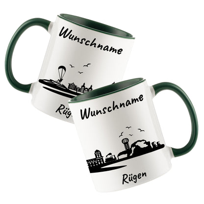 Tasse in Dunkelgrün 330ml bedruckt mit der Skyline von Rügen personalisierbar mit Wunschname