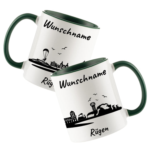 Tasse in Dunkelgrün 330ml bedruckt mit der Skyline von Rügen personalisierbar mit Wunschname