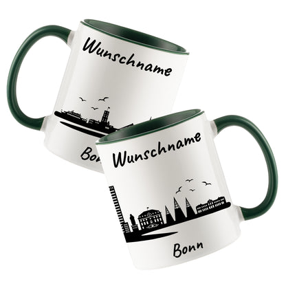 Tasse in Dunkelgrün 330ml bedruckt mit der Skyline von Bonn personalisierbar mit Wunschname