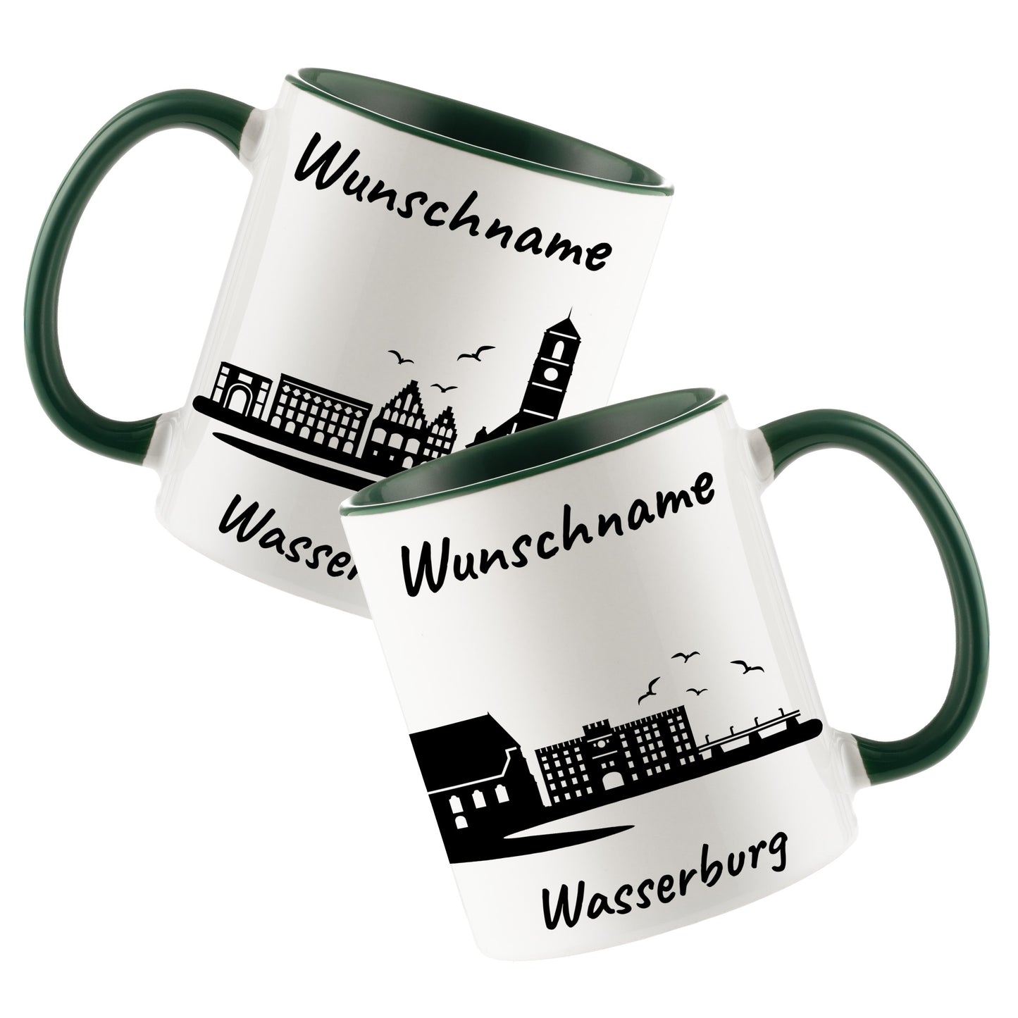 Tasse in Dunkelgrün 330ml bedruckt mit der Skyline von Wasserburg personalisierbar mit Wunschname