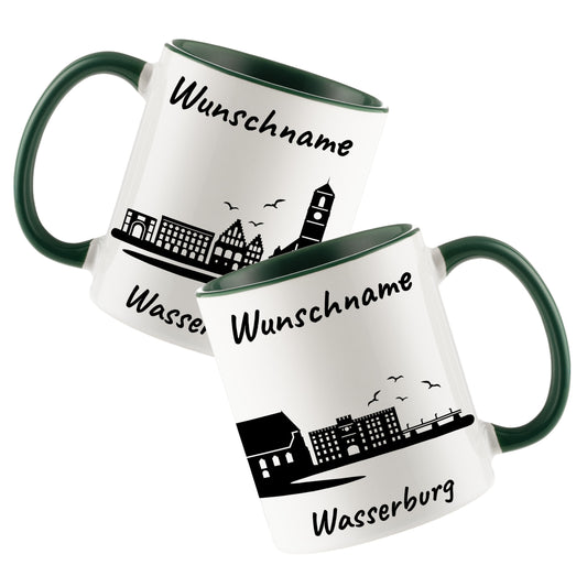 Tasse in Dunkelgrün 330ml bedruckt mit der Skyline von Wasserburg personalisierbar mit Wunschname