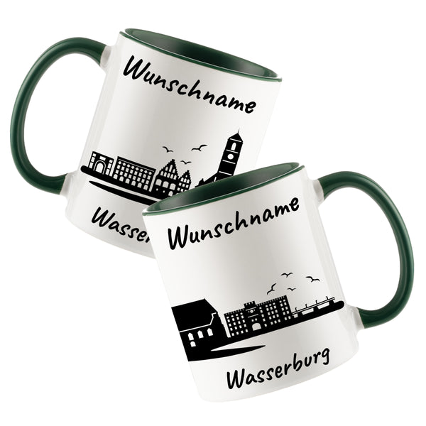 Tasse in Dunkelgrün 330ml bedruckt mit der Skyline von Wasserburg personalisierbar mit Wunschname