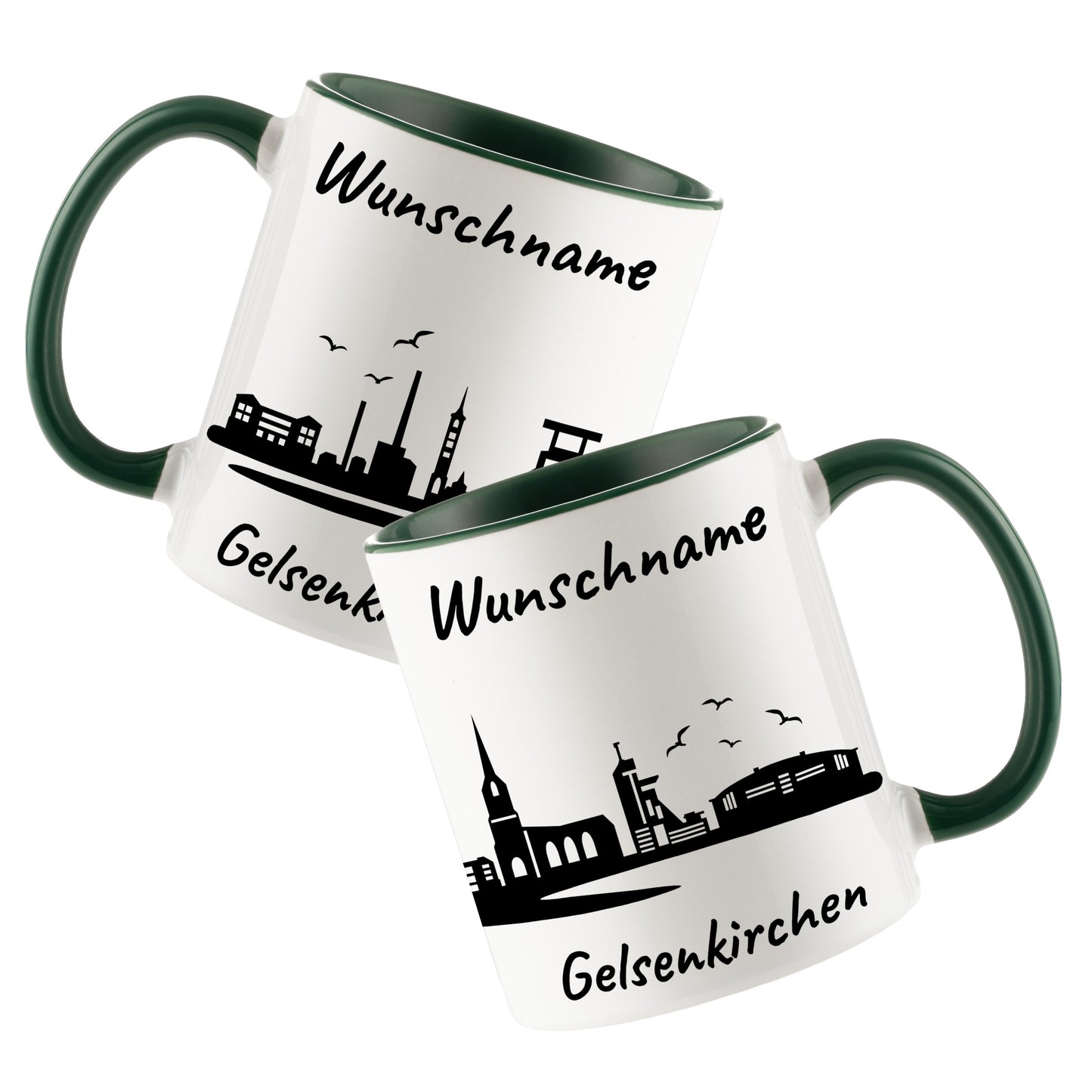 Tasse in Dunkelgrün 330ml bedruckt mit der Skyline von Gelsenkirchen personalisierbar mit Wunschname