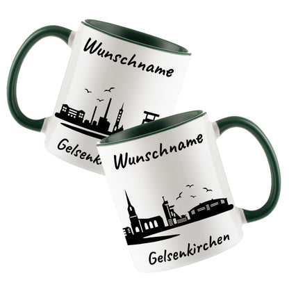 Tasse in Dunkelgrün 330ml bedruckt mit der Skyline von Gelsenkirchen personalisierbar mit Wunschname