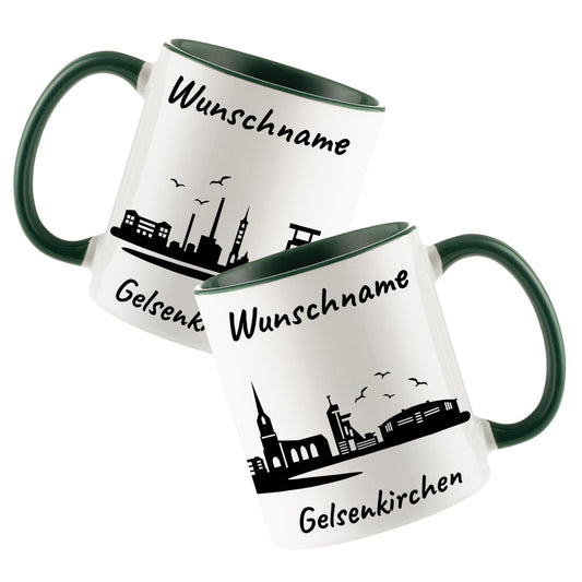 Tasse in Dunkelgrün 330ml bedruckt mit der Skyline von Gelsenkirchen personalisierbar mit Wunschname
