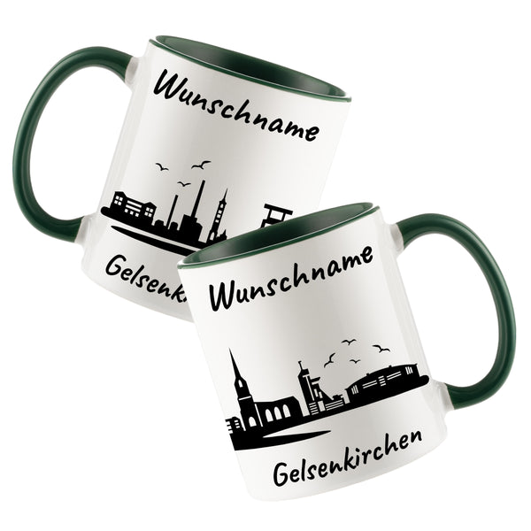 Tasse in Dunkelgrün 330ml bedruckt mit der Skyline von Gelsenkirchen personalisierbar mit Wunschname