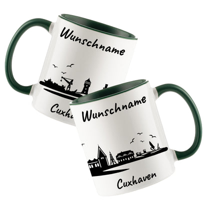 Tasse in Dunkelgrün 330ml bedruckt mit der Skyline von Cuxhaven personalisierbar mit Wunschname