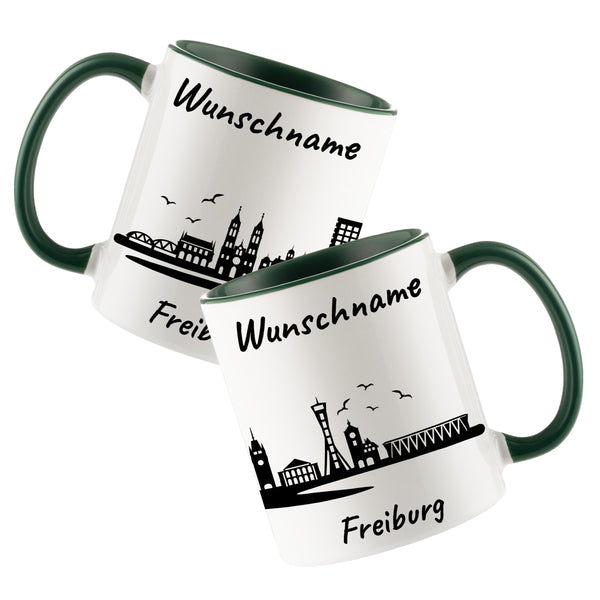 Tasse in Dunkelgrün 330ml bedruckt mit der Skyline von Freiburg personalisierbar mit Wunschname