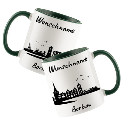 Tasse in Dunkelgrün 330ml bedruckt mit der Skyline von Borkum personalisierbar mit Wunschname
