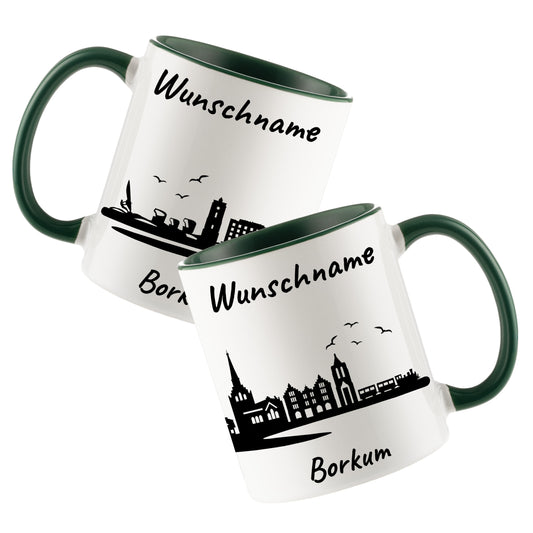 Tasse in Dunkelgrün 330ml bedruckt mit der Skyline von Borkum personalisierbar mit Wunschname