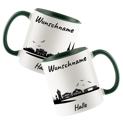 Tasse in Dunkelgrün 330ml bedruckt mit der Skyline von Halle personalisierbar mit Wunschname