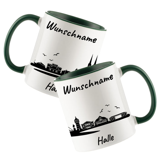 Tasse in Dunkelgrün 330ml bedruckt mit der Skyline von Halle personalisierbar mit Wunschname