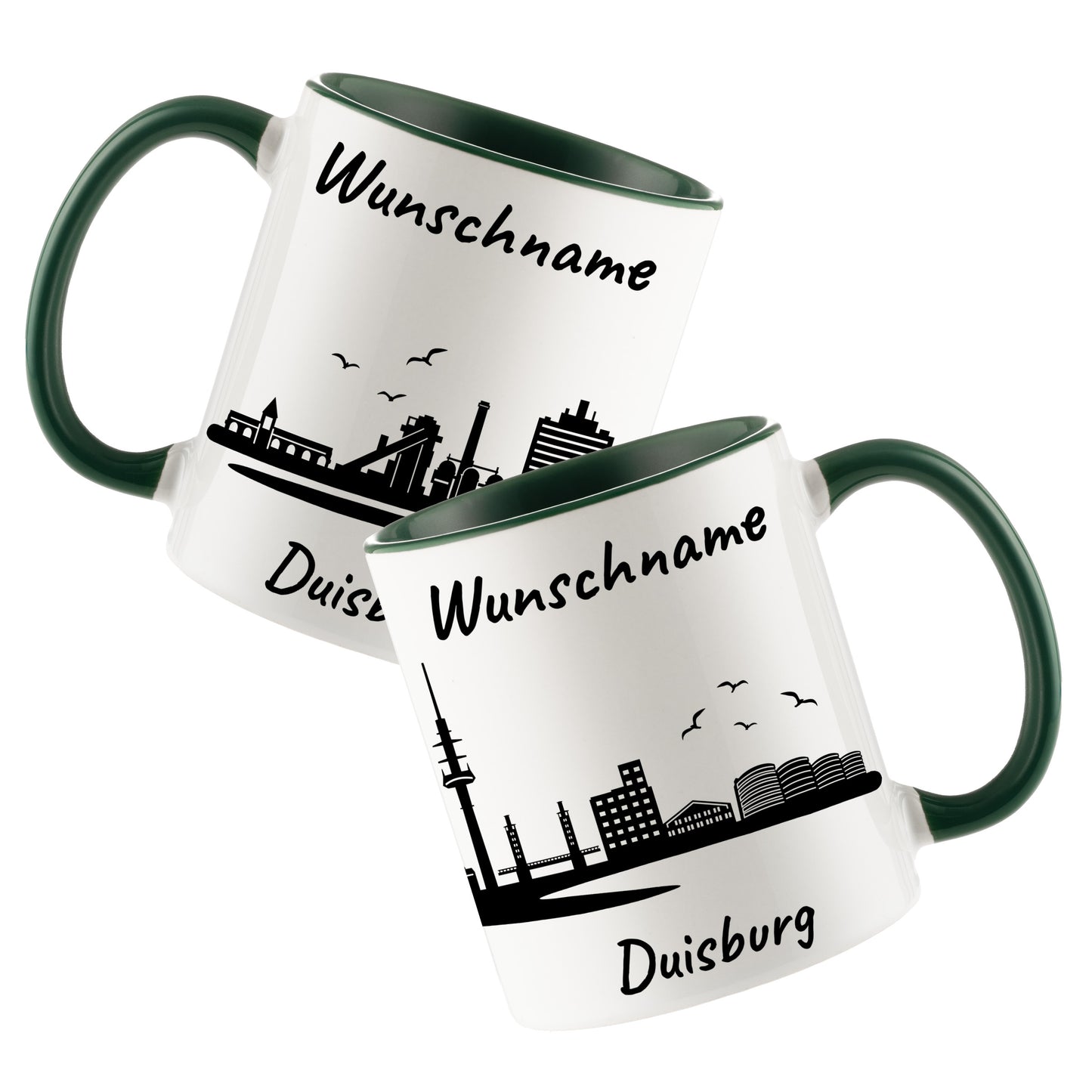 Tasse in Dunkelgrün 330ml bedruckt mit der Skyline von Duisburg personalisierbar mit Wunschname
