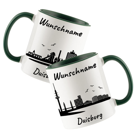 Tasse in Dunkelgrün 330ml bedruckt mit der Skyline von Duisburg personalisierbar mit Wunschname