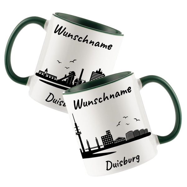 Tasse in Dunkelgrün 330ml bedruckt mit der Skyline von Duisburg personalisierbar mit Wunschname