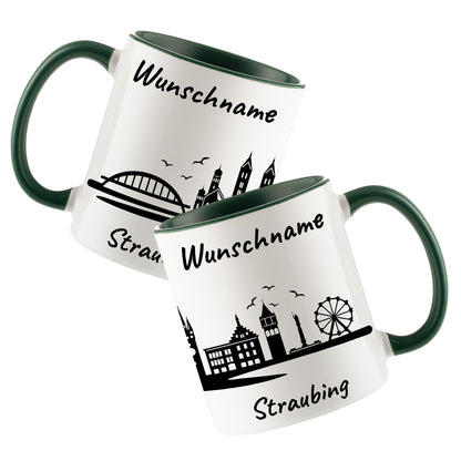 Tasse in Dunkelgrün 330ml bedruckt mit der Skyline von Straubing personalisierbar mit Wunschname