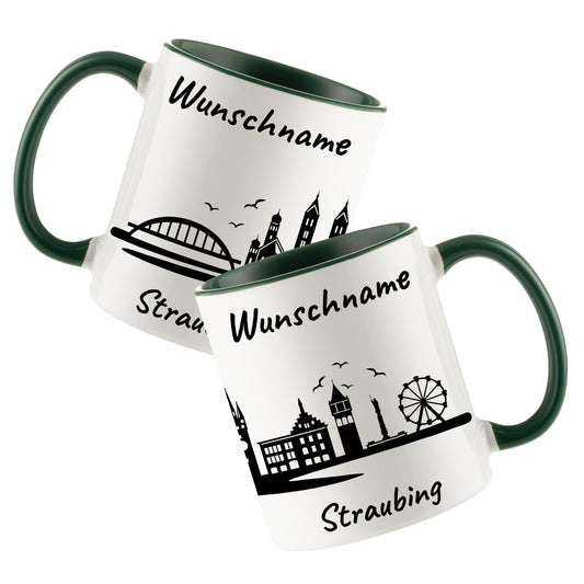 Tasse in Dunkelgrün 330ml bedruckt mit der Skyline von Straubing personalisierbar mit Wunschname