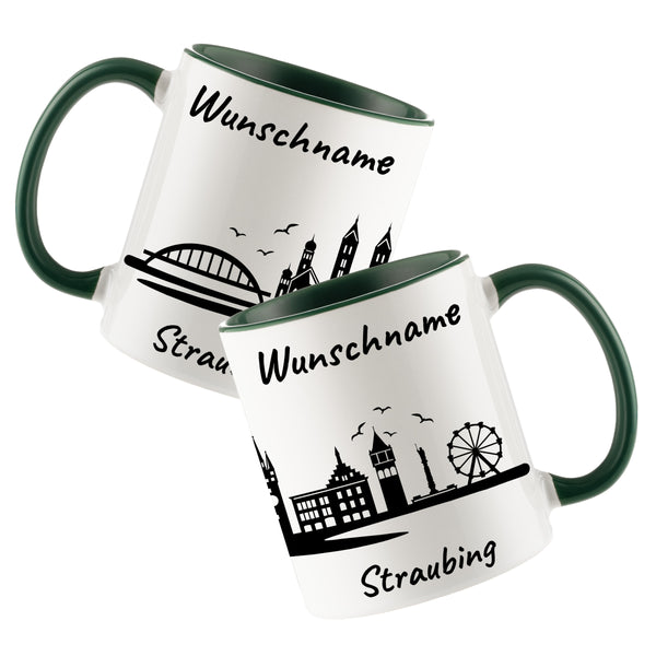 Tasse in Dunkelgrün 330ml bedruckt mit der Skyline von Straubing personalisierbar mit Wunschname