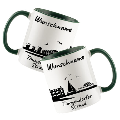 Tasse in Dunkelgrün 330ml bedruckt mit der Skyline von Timmendorfer Strand personalisierbar mit Wunschname