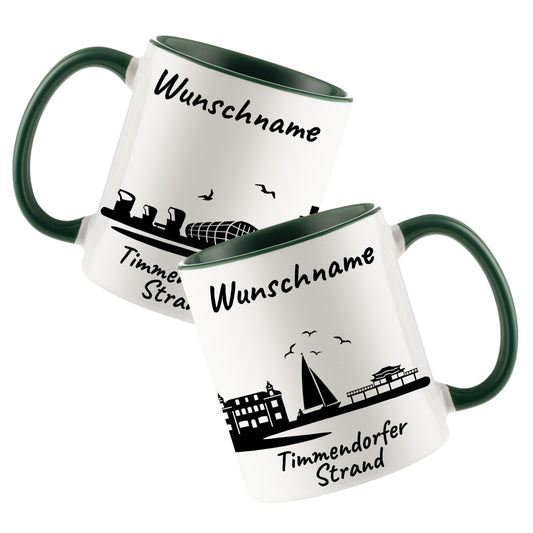 Tasse in Dunkelgrün 330ml bedruckt mit der Skyline von Timmendorfer Strand personalisierbar mit Wunschname