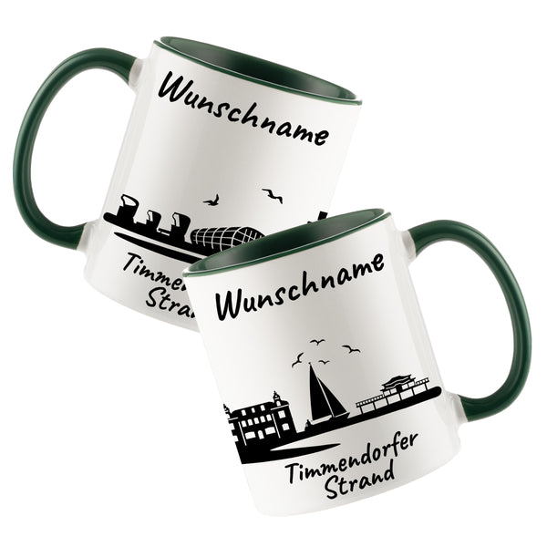 Tasse in Dunkelgrün 330ml bedruckt mit der Skyline von Timmendorfer Strand personalisierbar mit Wunschname