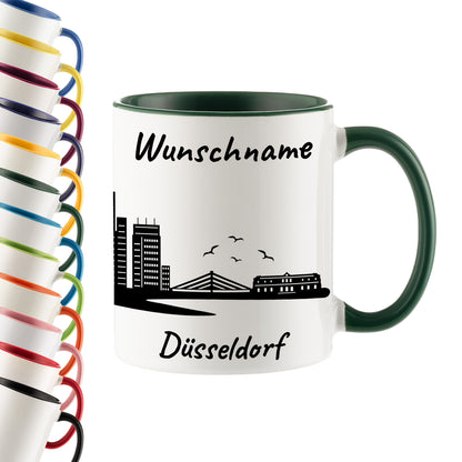 Tasse in Dunkelgrün 330ml bedruckt mit der Skyline von Düsseldorf personalisierbar mit Wunschname