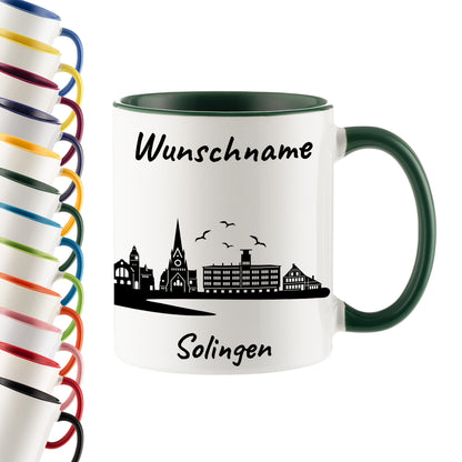 Tasse in Dunkelgrün 330ml bedruckt mit der Skyline von Solingen personalisierbar mit Wunschname
