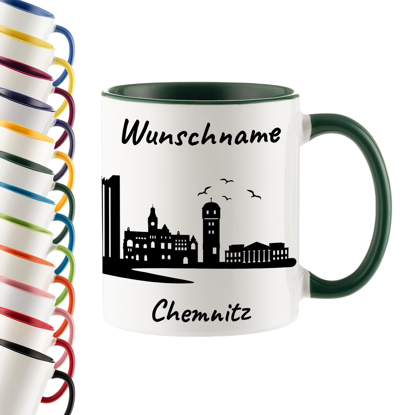 Tasse in Dunkelgrün 330ml bedruckt mit der Skyline von Chemnitz personalisierbar mit Wunschname