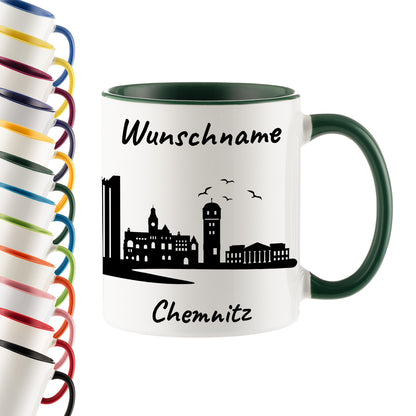 Tasse in Dunkelgrün 330ml bedruckt mit der Skyline von Chemnitz personalisierbar mit Wunschname
