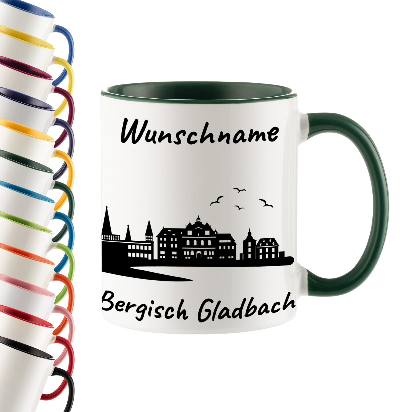 Tasse in Dunkelgrün 330ml bedruckt mit der Skyline von Bergisch Gladbach personalisierbar mit Wunschname
