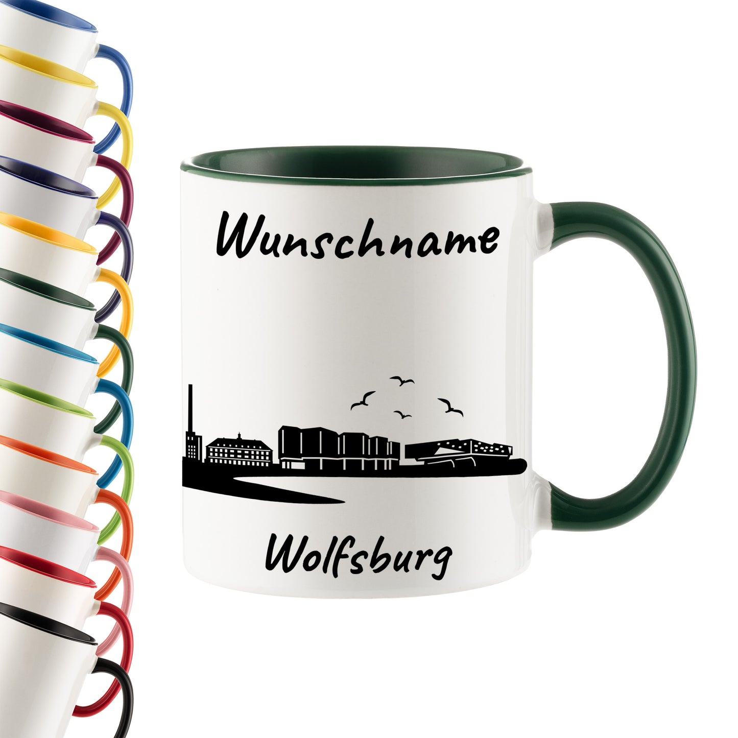 Tasse in Dunkelgrün 330ml bedruckt mit der Skyline von Wolfsburg personalisierbar mit Wunschname