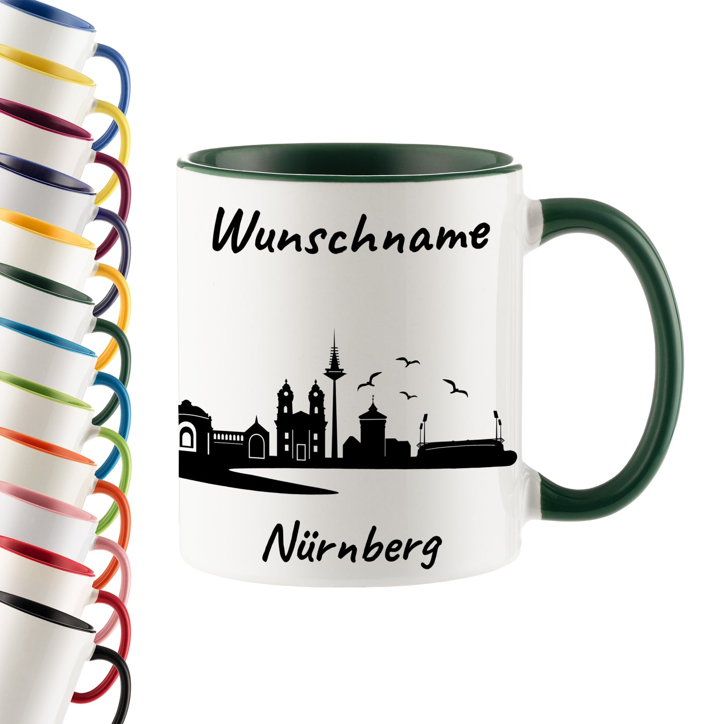 Tasse in Dunkelgrün 330ml bedruckt mit der Skyline von Nürnberg personalisierbar mit Wunschname