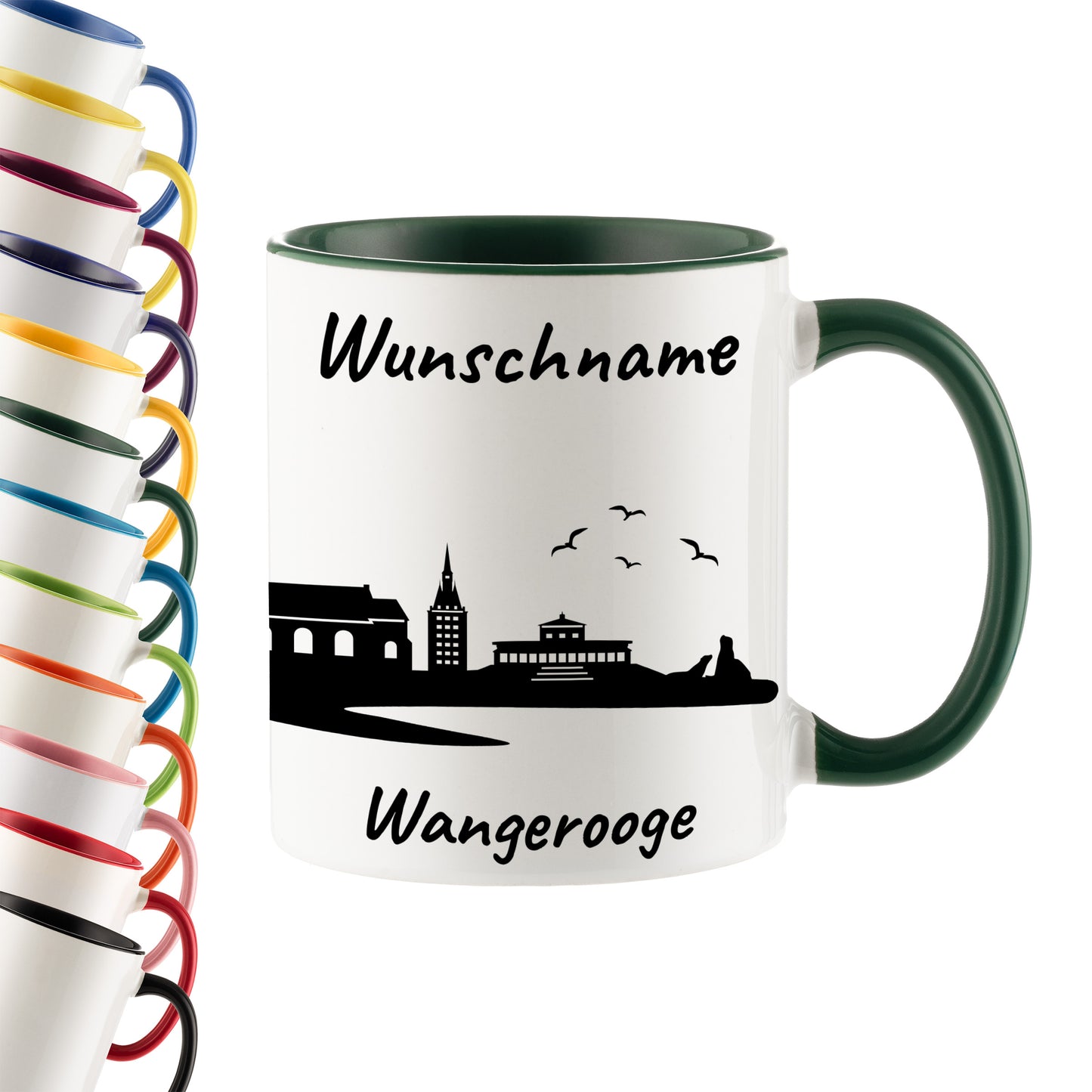 Tasse in Dunkelgrün 330ml bedruckt mit der Skyline von Wangerooge personalisierbar mit Wunschname