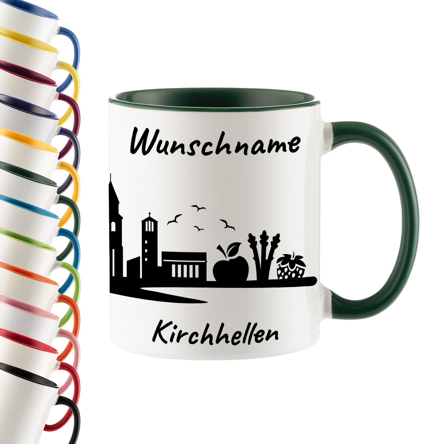 Tasse in Dunkelgrün 330ml bedruckt mit der Skyline von Kirchhellen personalisierbar mit Wunschname