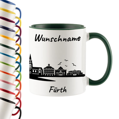 Tasse in Dunkelgrün 330ml bedruckt mit der Skyline von Fürth personalisierbar mit Wunschname