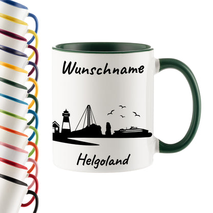 Tasse in Dunkelgrün 330ml bedruckt mit der Skyline von Helgoland personalisierbar mit Wunschname