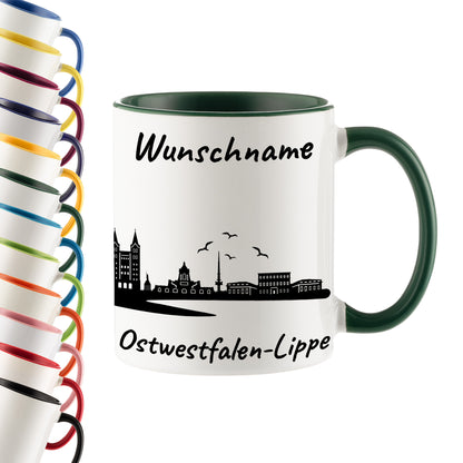 Tasse in Dunkelgrün 330ml bedruckt mit der Skyline von Ostwestfalen-Lippe personalisierbar mit Wunschname