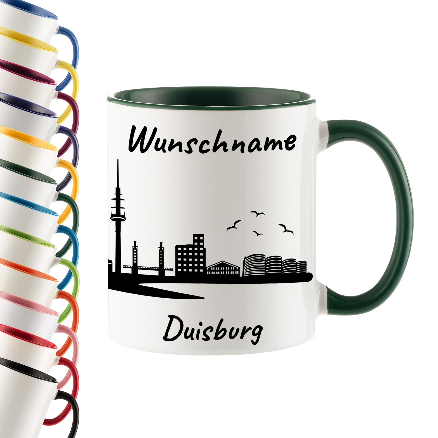 Tasse in Dunkelgrün 330ml bedruckt mit der Skyline von Duisburg personalisierbar mit Wunschname