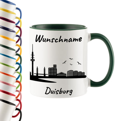 Tasse in Dunkelgrün 330ml bedruckt mit der Skyline von Duisburg personalisierbar mit Wunschname