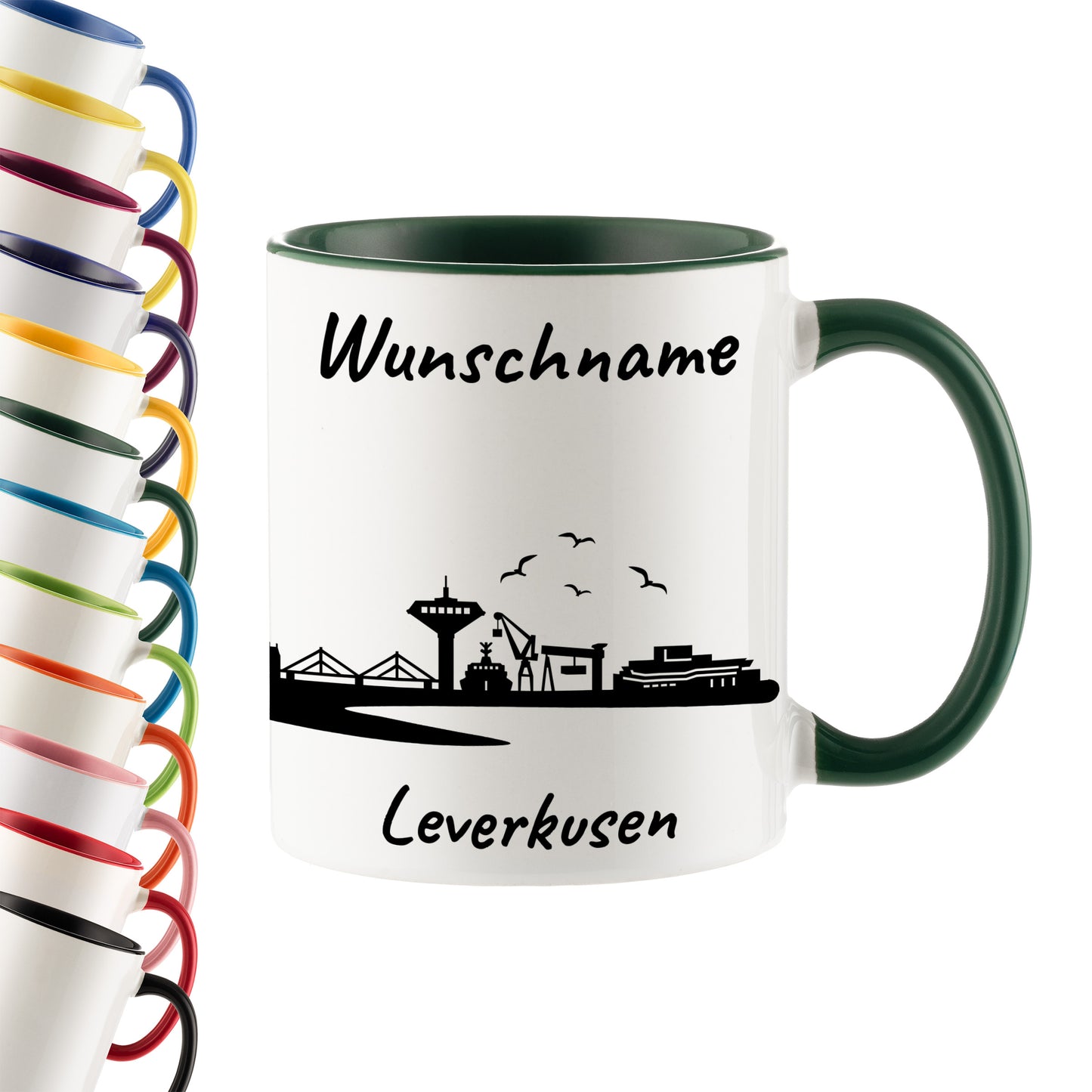 Tasse in Dunkelgrün 330ml bedruckt mit der Skyline von Leverkusen personalisierbar mit Wunschname