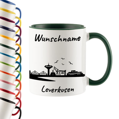 Tasse in Dunkelgrün 330ml bedruckt mit der Skyline von Leverkusen personalisierbar mit Wunschname