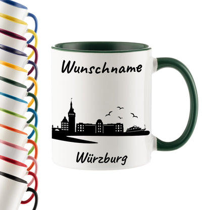 Tasse in Dunkelgrün 330ml bedruckt mit der Skyline von Würzburg personalisierbar mit Wunschname