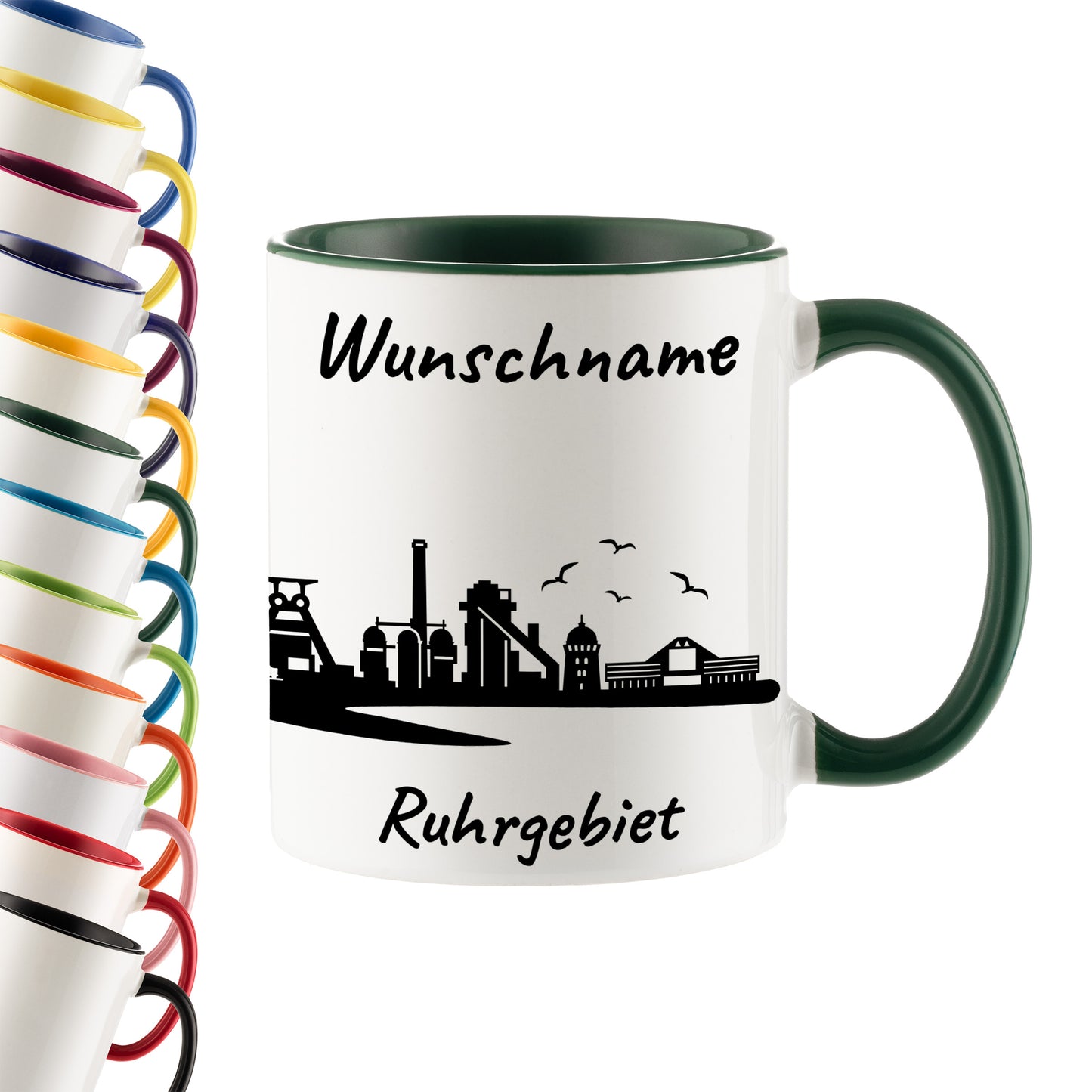 Tasse in Dunkelgrün 330ml bedruckt mit der Skyline von Ruhrgebiet personalisierbar mit Wunschname