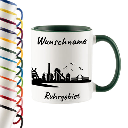Tasse in Dunkelgrün 330ml bedruckt mit der Skyline von Ruhrgebiet personalisierbar mit Wunschname