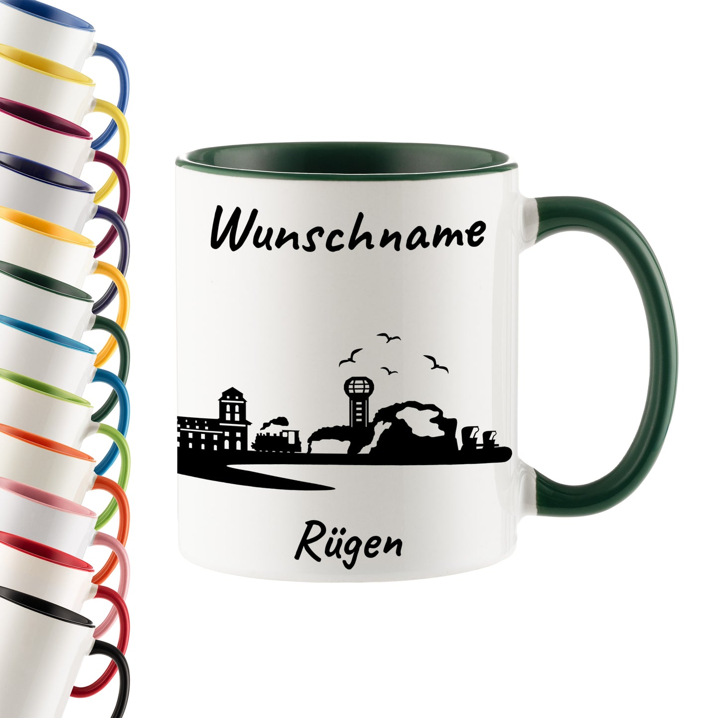 Tasse in Dunkelgrün 330ml bedruckt mit der Skyline von Rügen personalisierbar mit Wunschname