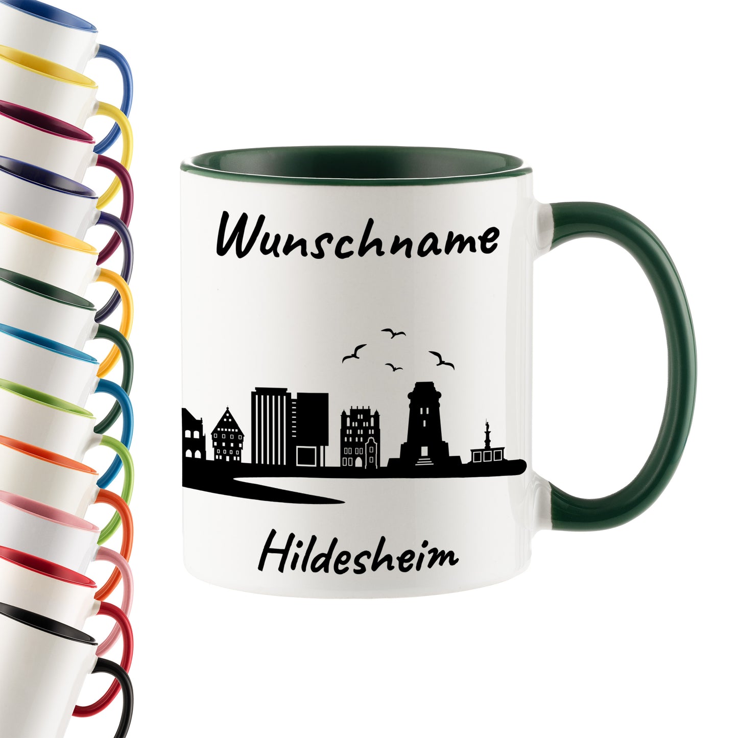Tasse in Dunkelgrün 330ml bedruckt mit der Skyline von Hildesheim personalisierbar mit Wunschname