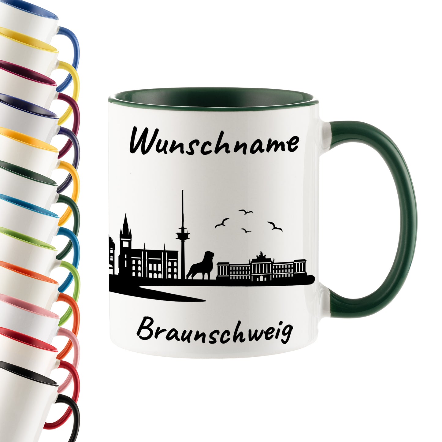 Tasse in Dunkelgrün 330ml bedruckt mit der Skyline von Braunschweig personalisierbar mit Wunschname