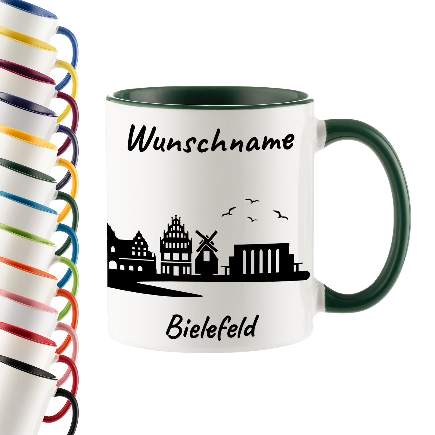 Tasse in Dunkelgrün 330ml bedruckt mit der Skyline von Bielefeld personalisierbar mit Wunschname