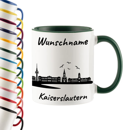 Tasse in Dunkelgrün 330ml bedruckt mit der Skyline von Kaiserslautern personalisierbar mit Wunschname